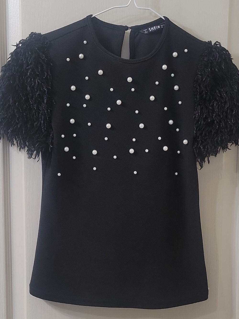 SHEIN Black Pearl-Embellished Feather Sleeve Top